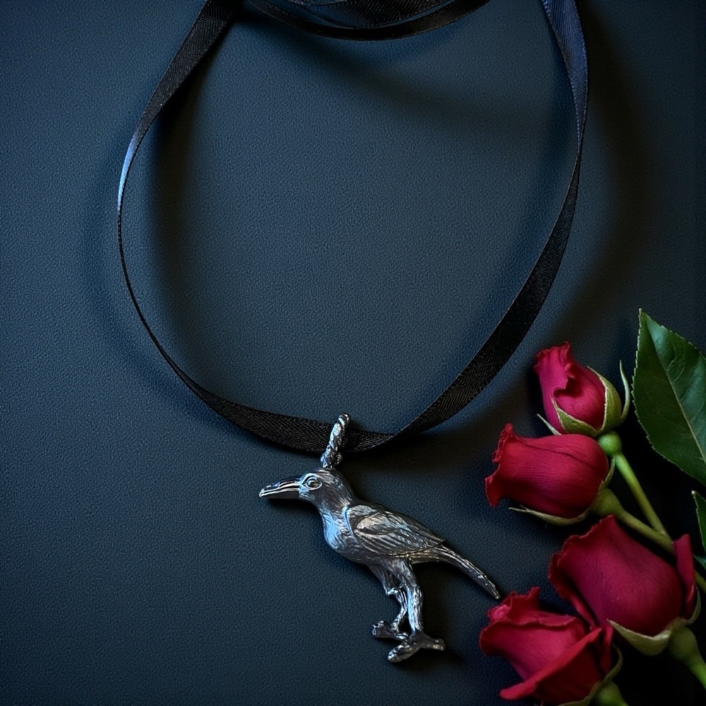 Raven Pendant Satin Ribbon Choker Necklace Enchanting Whimsical Gothic